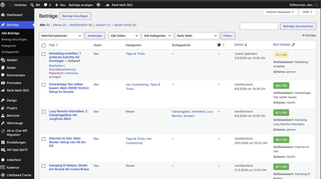 WordPress-Beitragsliste beim Schreiben eines Reiseblogs